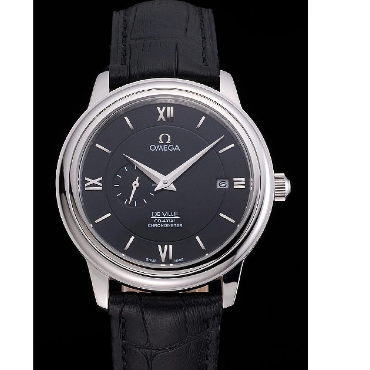 1015 Omega De Ville Prestige Co-Axial Black Dial Silver Case Black Leather Strap Roman Numeral